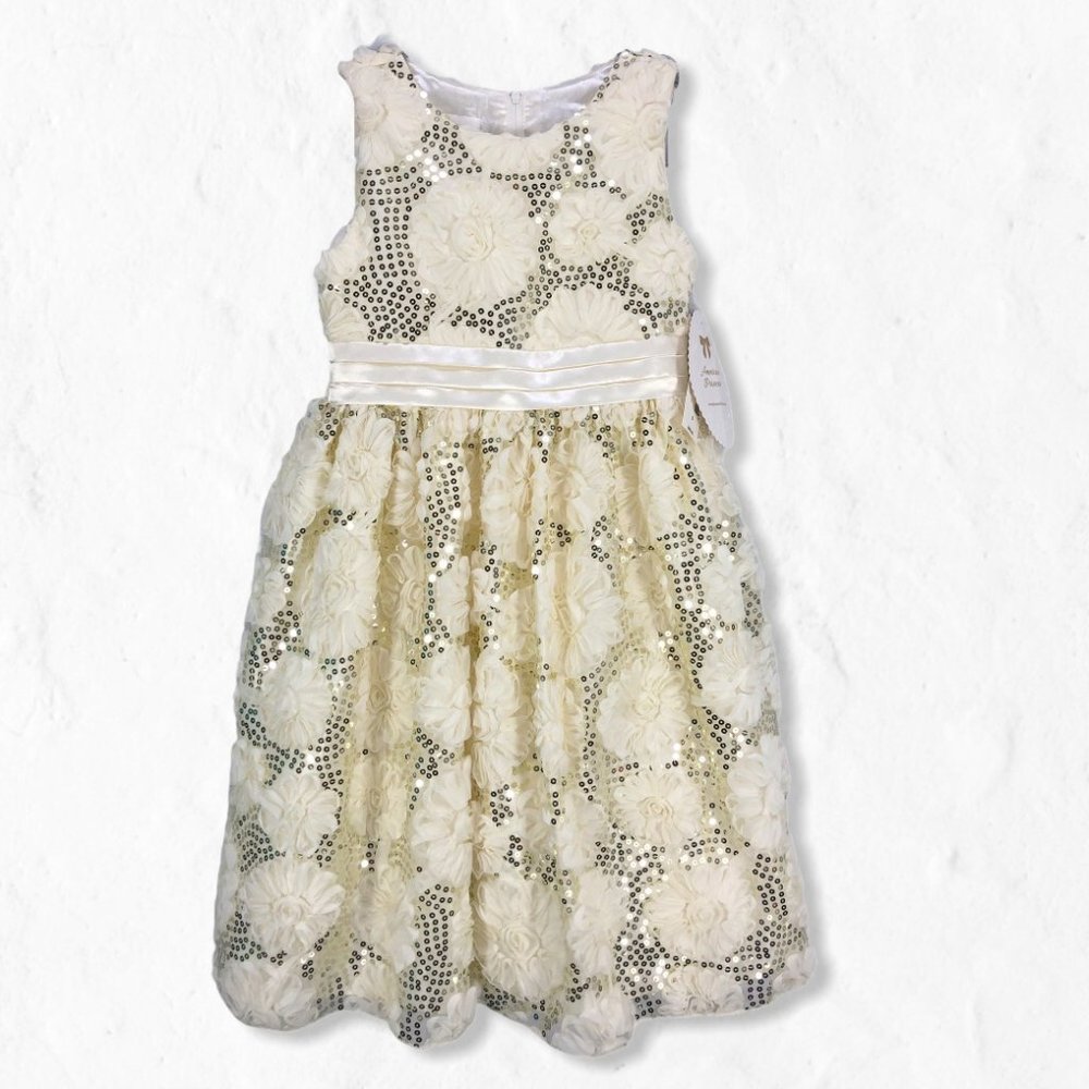 American Princess Ivory and Gold Floral Sequin Party Dress Size 8
